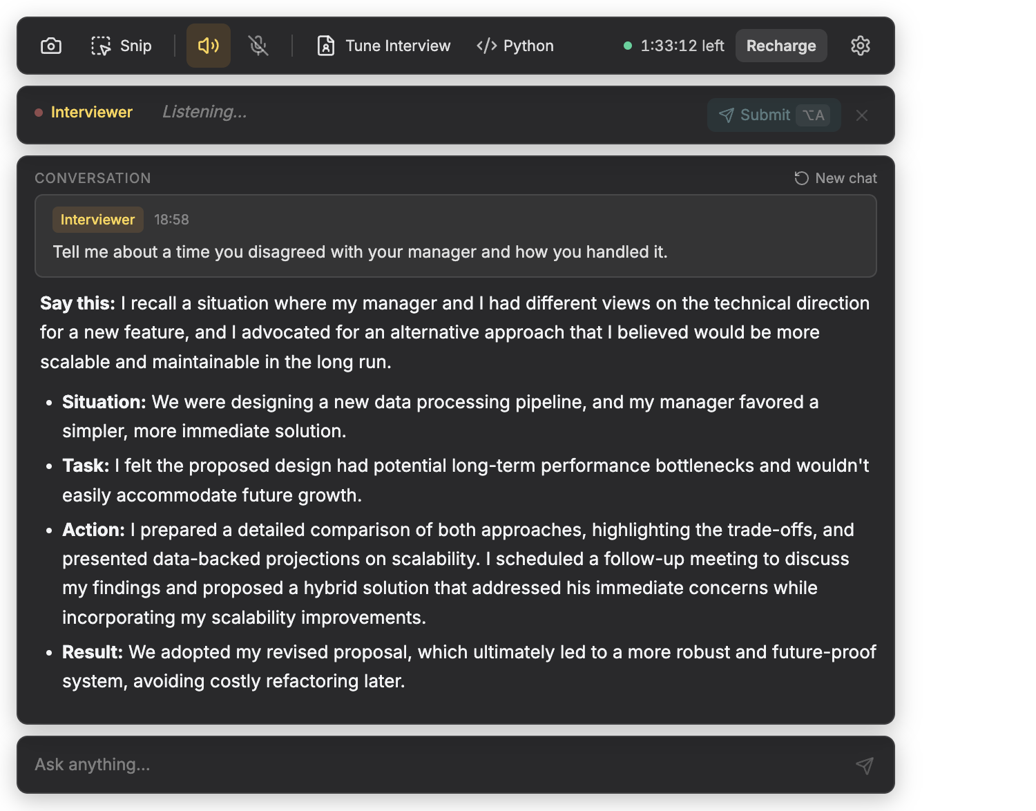 Helpwing overlay with command bar, transcript bar, and streaming answer