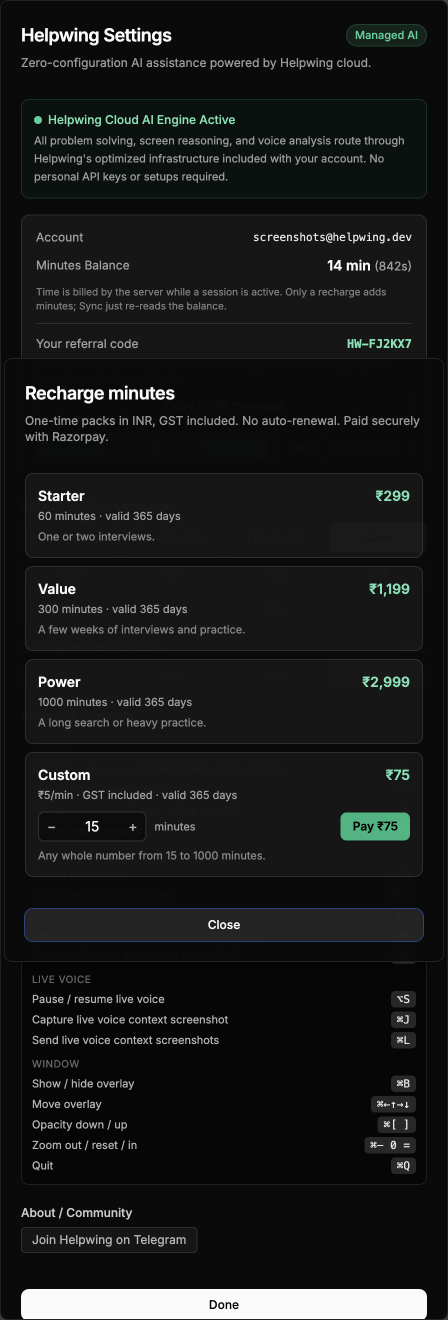 Recharge minutes dialog with Starter, Value, and Power packs